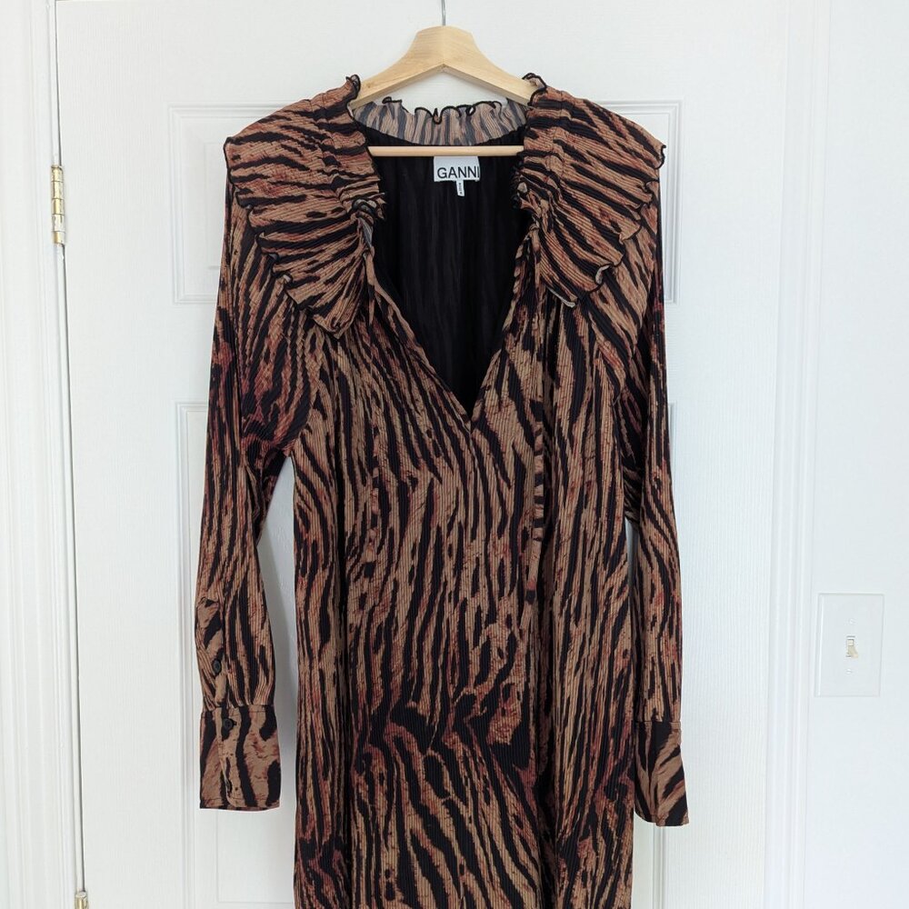 Ganni Tiger-Print Mini Dress in Brown and Black - Picture 4 of 6